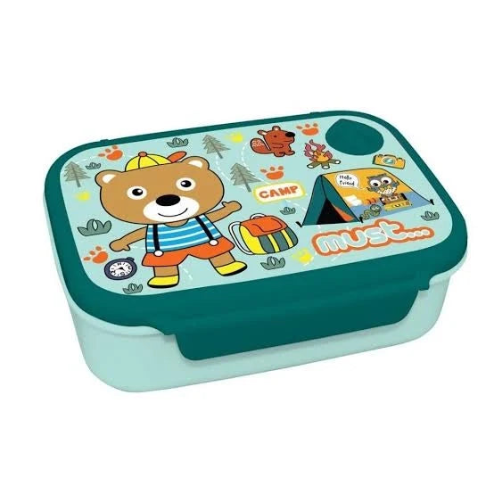 800ml camp-themed lunch box with teal lid and cartoon bear graphic