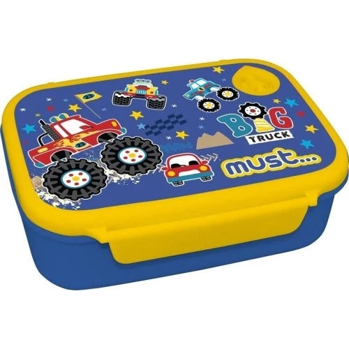 Kids lunch box, blue with yellow lid and cartoon truck graphic, 800 ml