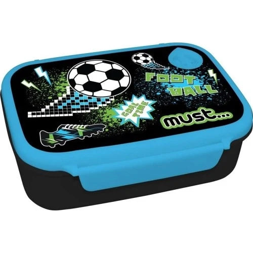 Football-themed lunch box, blue and black 800ml, soccer graphics and snap lid