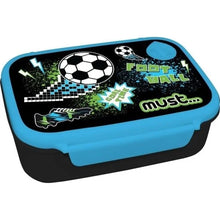 Football-themed lunch box, blue and black 800ml, soccer graphics and snap lid