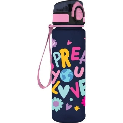 650ml water bottle with navy body, pink cap and wrist strap, colorful heart graphic