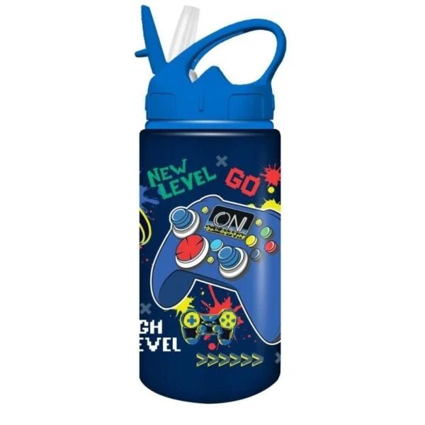 MUST 500ml aluminum water bottle, blue with flip straw lid and gamer graphic