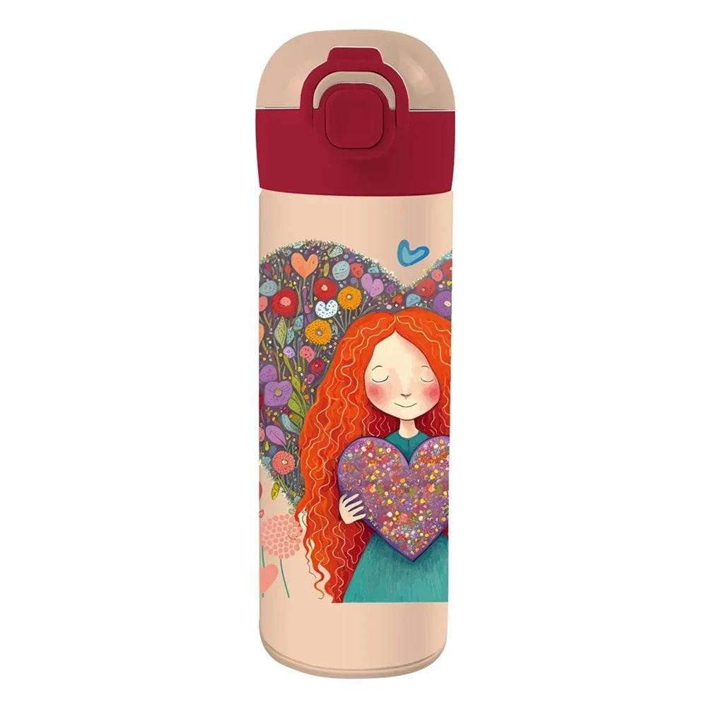 MUST stainless steel container with red flip lid, beige base, illustrated curly-hair girl