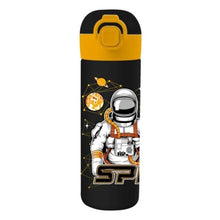 500ml stainless steel canteen with space astronaut graphic, black and yellow lid