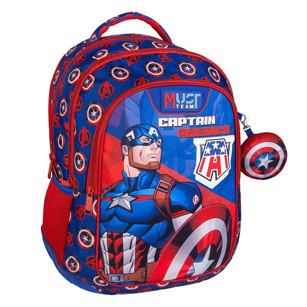 Captain America themed kids backpack with Must Team logo and shield graphic