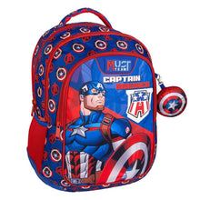 Captain America themed kids backpack with Must Team logo and shield graphic