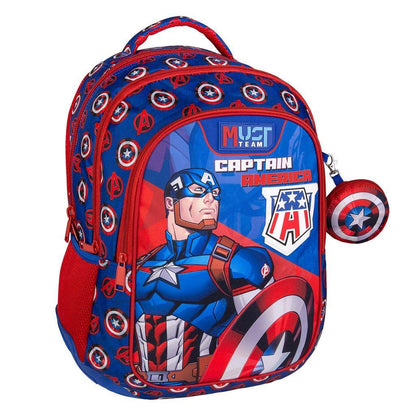 Captain America themed kids backpack with Must Team logo and shield graphic