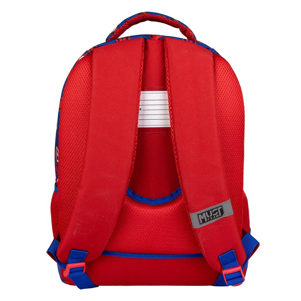 Red kids backpack with padded shoulder straps and mesh side pockets
