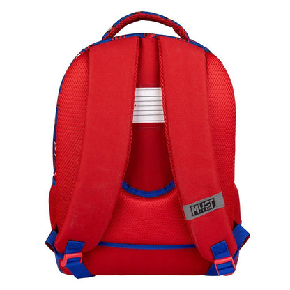 Red kids backpack with padded shoulder straps and mesh side pockets