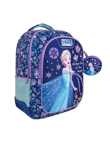 Kids Frozen 17-inch backpack with Elsa graphic, purple top, front zip pocket