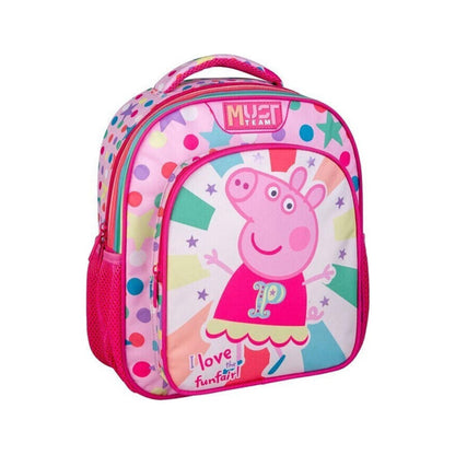 Pink kids backpack with Peppa Pig front graphic and multicolor border