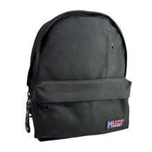 Dark gray backpack with front zipper pocket and small logo patch