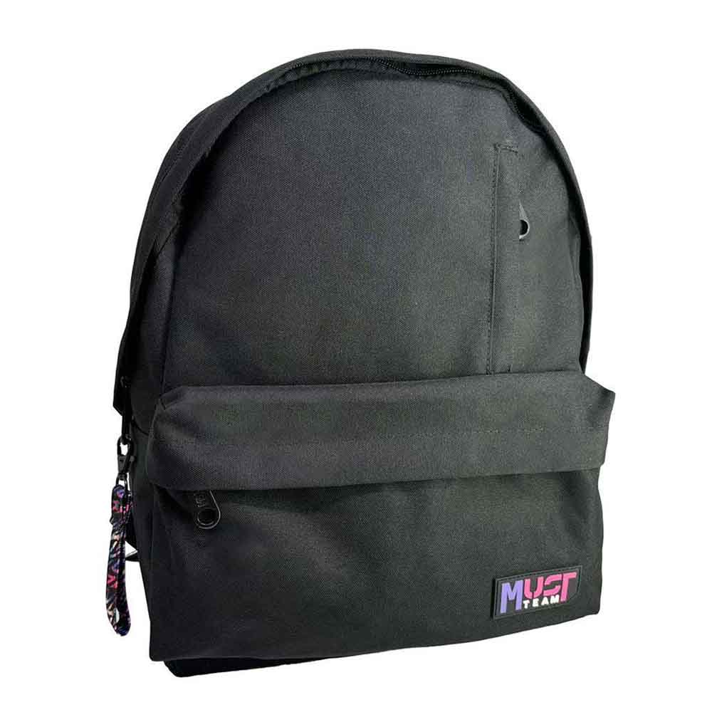 Dark gray Must Team backpack with front zip pocket and colorful graffiti side.