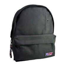 Dark gray Must Team backpack with front zip pocket and colorful graffiti side.