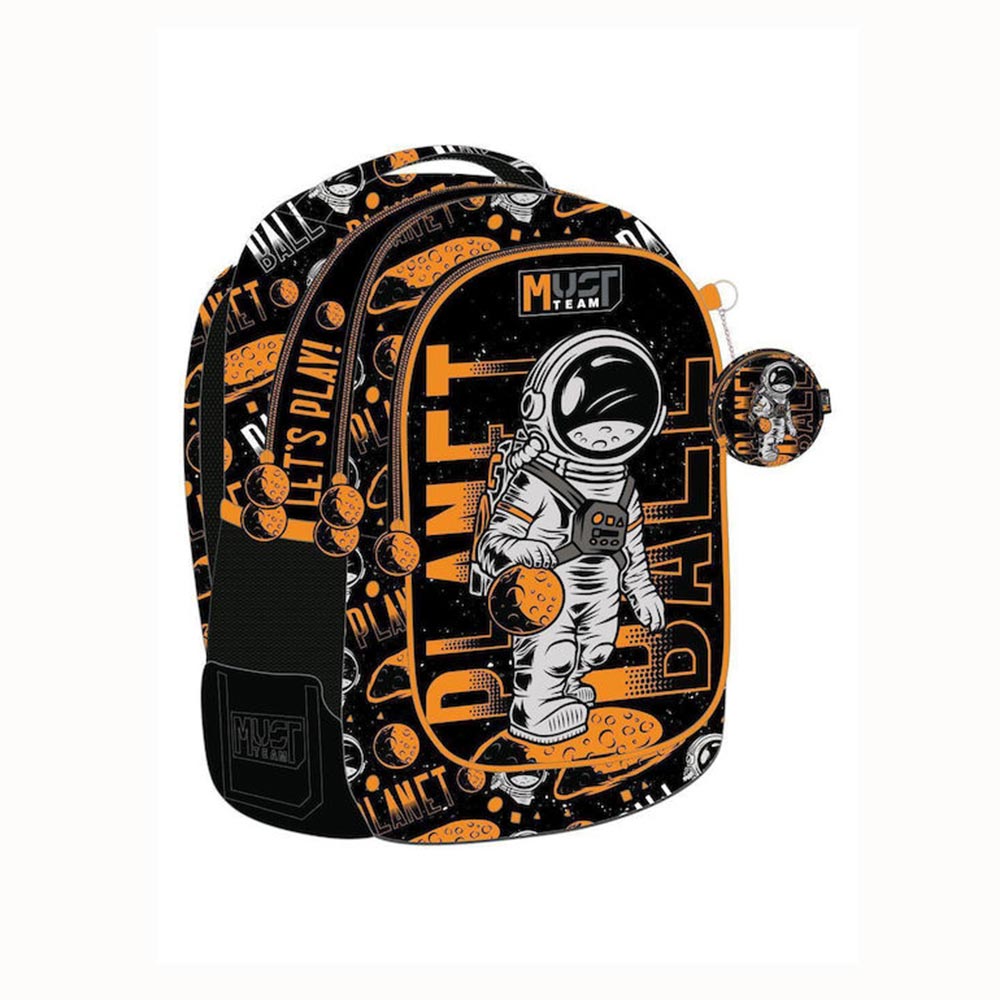 Kids school backpack with astronaut front, black and orange space pattern, front pocket