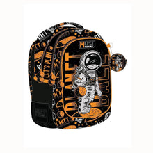 Kids school backpack with astronaut front, black and orange space pattern, front pocket