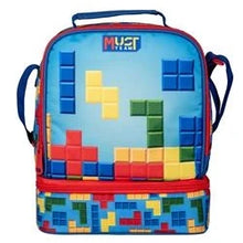 Insulated two-compartment lunch bag with colorful pixel brick pattern and top carry handle