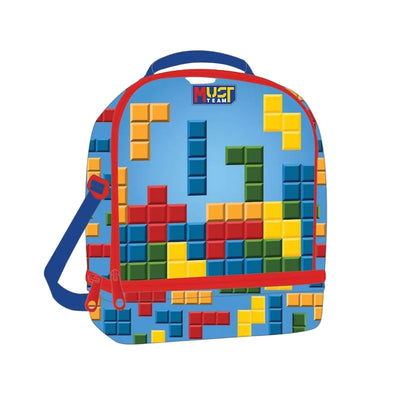 Insulated lunch bag, colorful block pattern, top handle and front zipper, two compartments