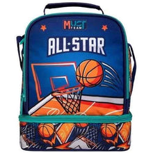 Insulated lunch bag with All-Star basketball graphic, blue front, zip top and teal trim