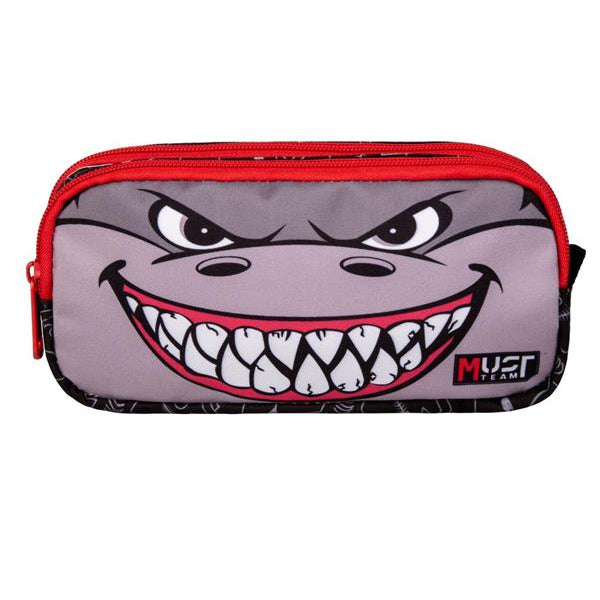 Barrel pencil case with angry shark face graphic and red zipper trim