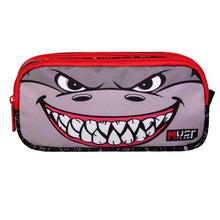 Barrel pencil case with angry shark face graphic and red zipper trim