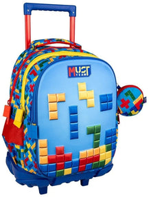 Blue primary school trolley bag with colorful brick pattern, Must Team logo, extendable handle