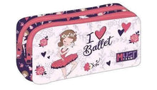 2-zip pencil case with pink ballet dancer, hearts, roses, and 'I Love Ballet' print