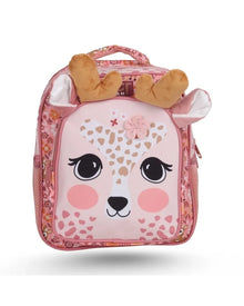 Pink deer-face 2-compartment backpack with plush ear handles and front zipper pocket