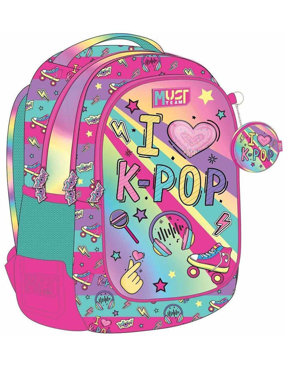 Primary school backpack, pink teal K-pop print with heart charm and front pocket
