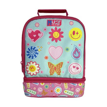 Isothermal lunch bag with mint teal fabric and colorful smiley and heart graphics, zip top