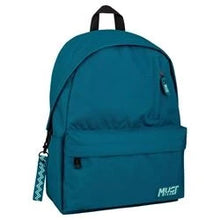 Monochrome teal backpack with top handle, front zip pocket, Must logo, and keychain tassel