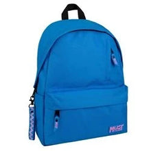Blue backpack with front zipper pocket, pink logo patch, and side keychain