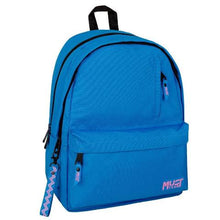 Monochrome blue backpack with black top handle, front pocket, and pink logo details