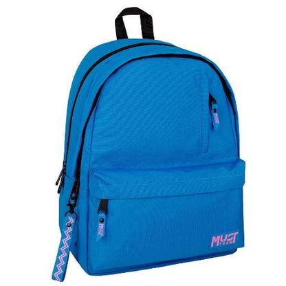 Monochrome blue backpack with black top handle, front pocket, and pink logo details