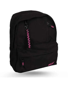 Black 17-inch backpack, two compartments, pink zipper pull and logo accents