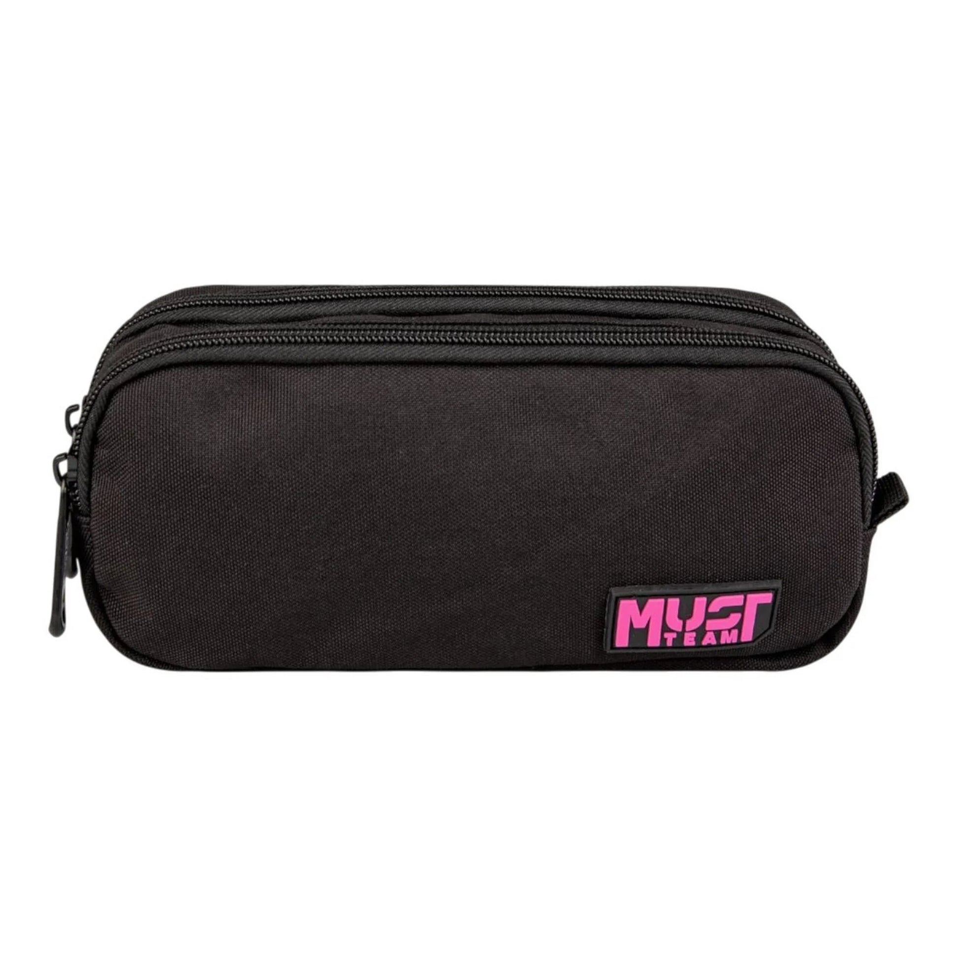Black barrel pencil case with pink Must Team logo, double compartments