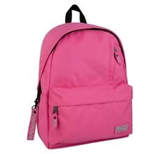 Pink backpack with mint logo, front zip pocket and adjustable strap