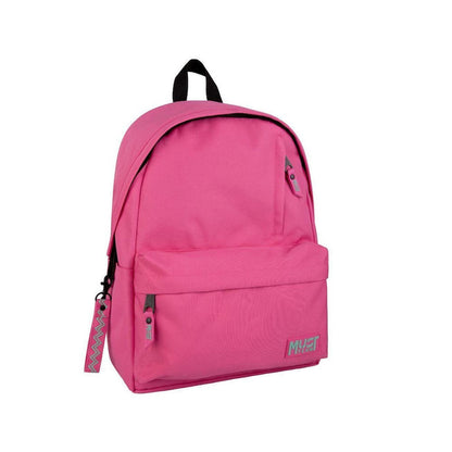 Monochrome pink backpack with mint logo, zip front pocket, single main compartment