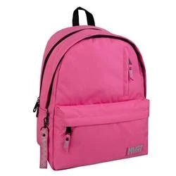 Pink backpack with front zip pocket and top handle, compact 2-compartment design