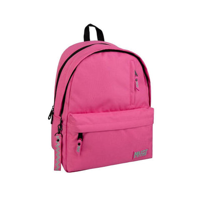 Monochrome pink backpack with mint accents, front zip pocket, two main compartments