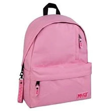 Pink backpack with top handle, front zip pocket, and small logo patch
