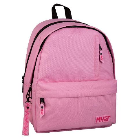 Pink fabric backpack with black trim, top handle, front pocket, two main compartments