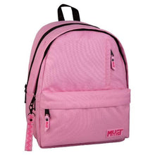 Pink fabric backpack with black trim, top handle, front pocket, two main compartments