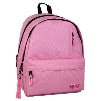 Pink fabric backpack with black trim, top handle, front pocket, two main compartments