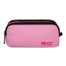 Light pink pencil case with two zippers, dark pink trim, MUST logo front