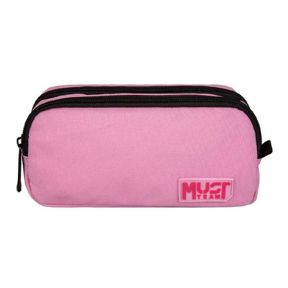 Light pink pencil case with two zippers, dark pink trim, MUST logo front