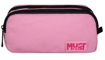 Light pink pencil case with two zippers, dark pink trim, MUST logo patch
