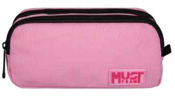 Light pink 2-zip pencil case with black trim and rectangular Must logo label.