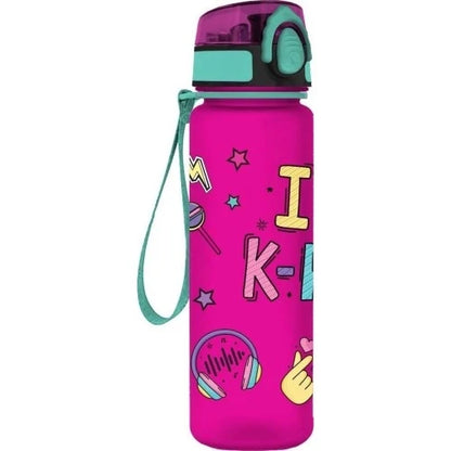 650ml plastic water canteen, magenta with pop-art icons and letter graphics