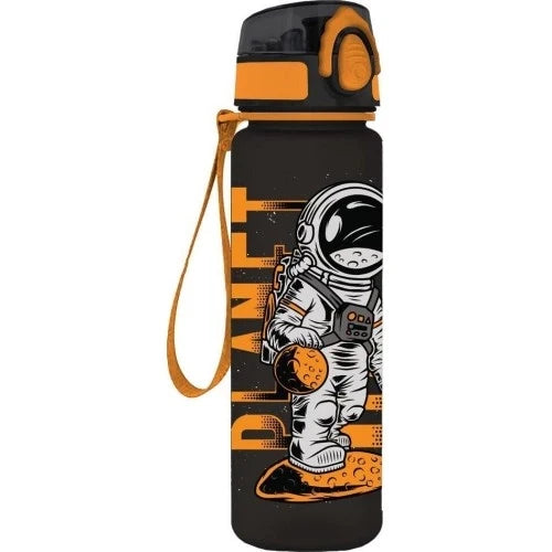 650ml plastic water canteen, black and orange with astronaut graphic and wrist strap
